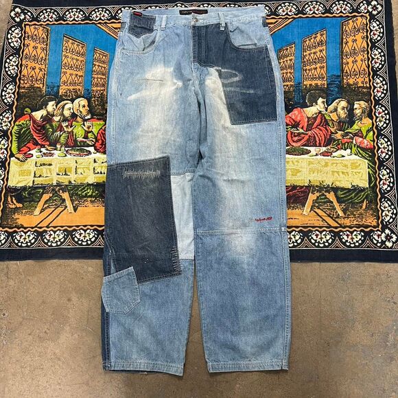 Baggy Fubu Patchwork Jeans size 38x34 Y2k embroidered jeans denim pockets skater - Picture 1 of 8